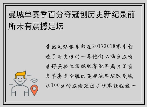 曼城单赛季百分夺冠创历史新纪录前所未有震撼足坛